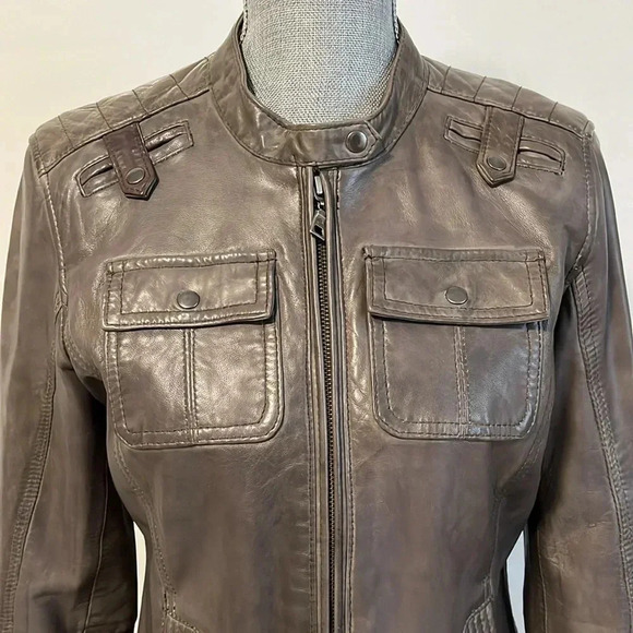 DANIER Taupe Brown Genuine Leather Moto Jacket Like New, Size S - Picture 2 of 13